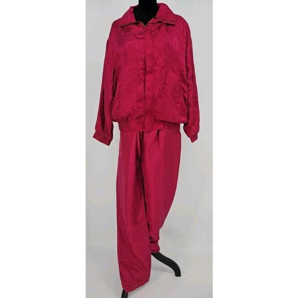 Vintage Fuda Sport 100% Silk Tracksuit Medium Windbreaker Jacket Pants Fuschia